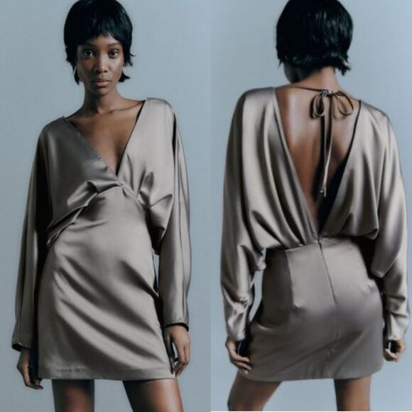NWT Zara Voluminous Sleeve Satin Effect‎ Dress Size S Deep Green Glam Sexy Club - Picture 1 of 12